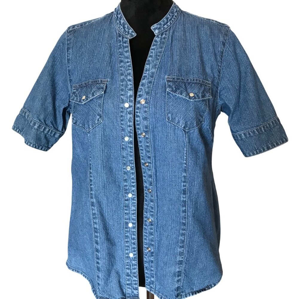 Faded Glory Short Sleeve Snap-Front Denim Shirt, Band Collar Size S (4/6)